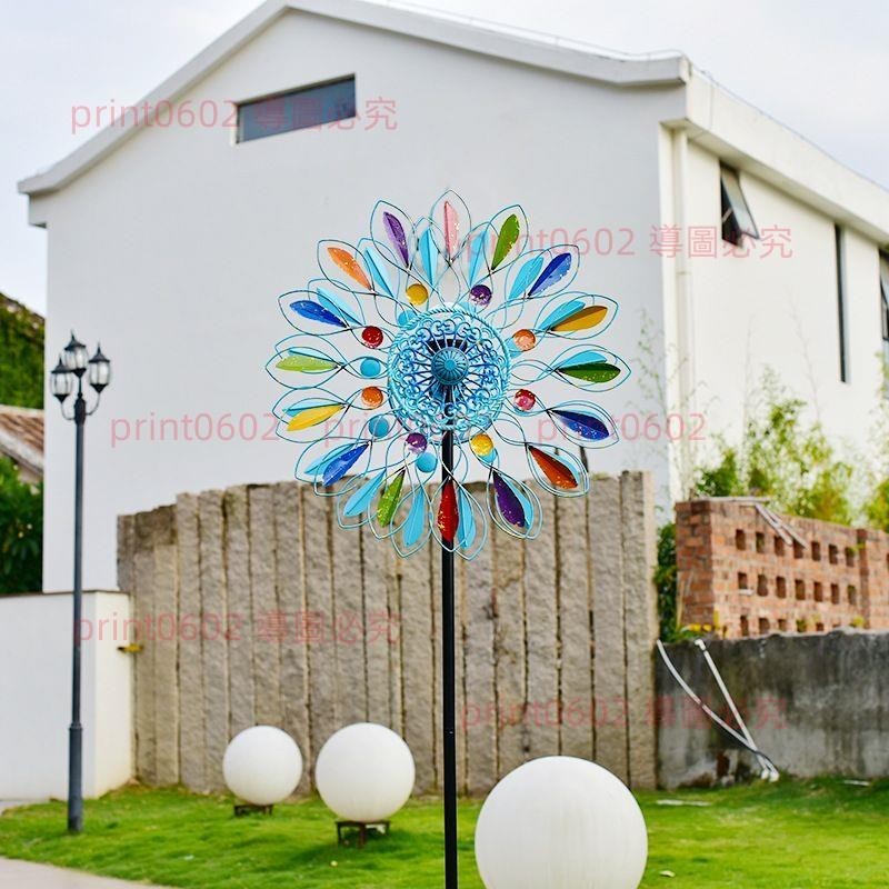 太陽能燈花園庭院鐵藝旋轉大風車戶外陽臺布置網紅裝飾創意擺件 print0602