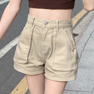 牛仔短褲💕 卡其色工裝牛仔短褲女夏季薄款高腰顯瘦美式辣妹寬松休閑a字熱褲 高腰短褲 高腰牛仔褲 短褲女