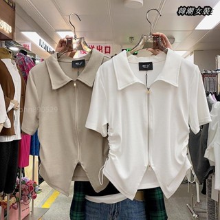 【大尺碼女裝M-5XL 40-150kg】夏季大尺碼300斤韓版polo衫側邊抽繩收腰顯瘦半拉鍊短袖T恤休閒上衣