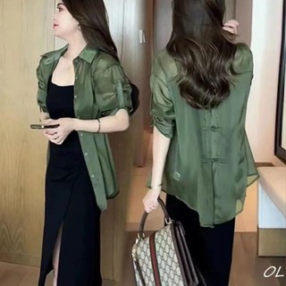S-3XL 大尺碼襯衫 短袖襯衫 POLO領 薄款襯衫 夏季盤扣設計感大碼防曬襯衫女夏款薄款外套襯衣2024新款雪紡上衣