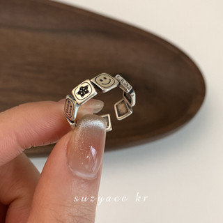 附發票🔥優質飾品 s925純銀方塊笑臉戒指2023年新款小眾設計做舊時尚個性開口食指戒