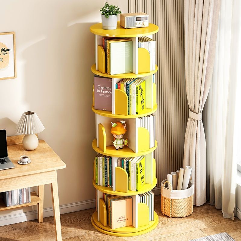 書架簡易落地置物架 360度旋轉收納繪本架 傢用學生分層實木色書櫃