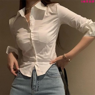 襯衫🎀秋季純欲辣妹風修身收腰顯瘦短款性感白色襯衫女長袖前臺工作服