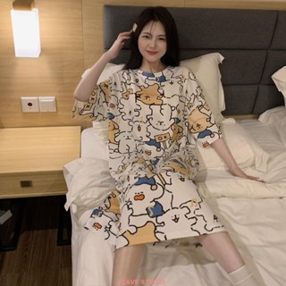 【熱賣新品】送收納袋新款睡裙卡通寬松大碼胖MM睡衣女夏季可外穿薄款短袖夏天