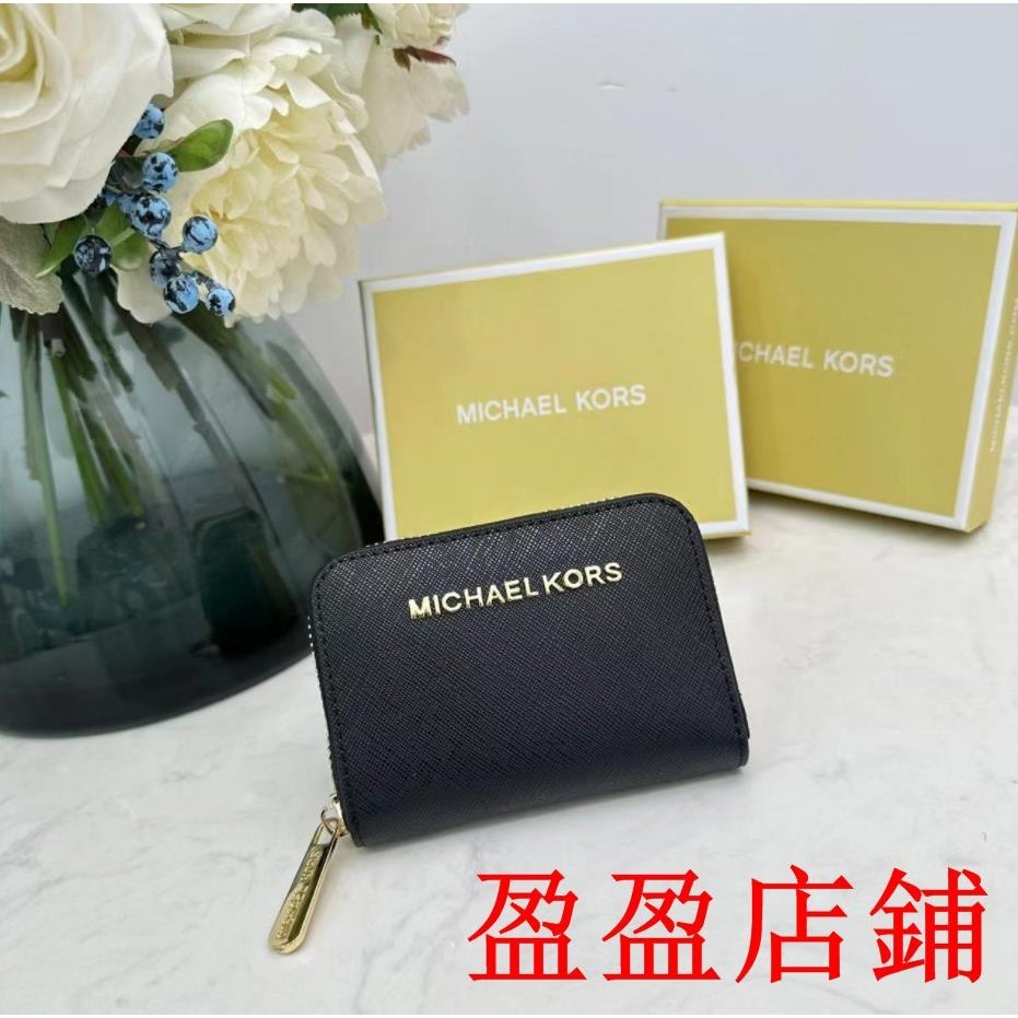 盈盈二手/實拍Michael kors Mk 短夾 中夾 零錢包卡包卡夾皮夾女士錢夾MK錢包配中央金色拉鏈錢夾25875