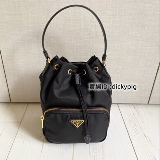 精品二手 PRADA Fabric Shoulder Bag1BH038 黑色 尼龍束口水桶包 肩背包 實拍