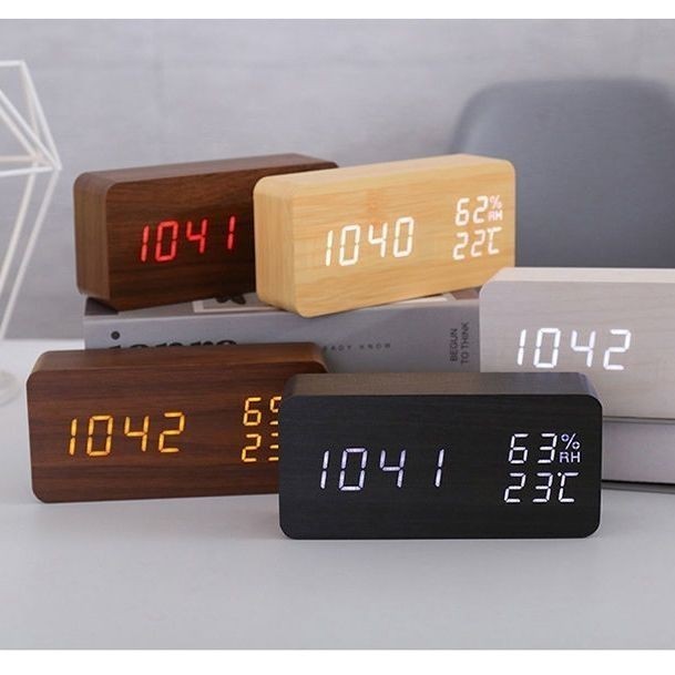 熱銷✨桌面定時器 木質桌面鬧鐘創意時鐘溫度溼度聲控LED夜光多功能簡約檯鐘電子鐘