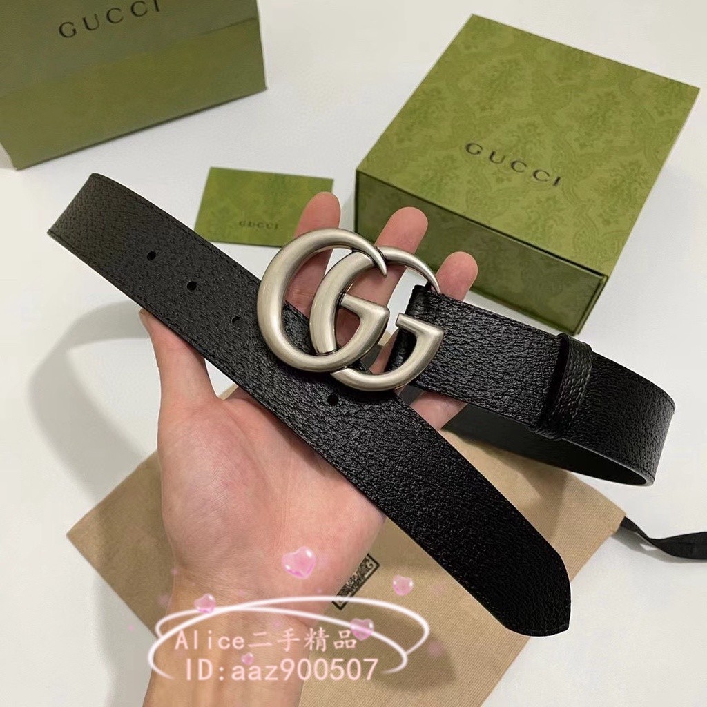 二手現貨 GUCCI 古馳 黑色牛皮壓紋 金銀GG 4CM 皮帶 腰帶 411924 男女同款 現貨免運