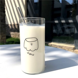 送吸管 可愛透明卡通玻璃杯 可愛卡通布丁水杯 玻璃杯 水杯 牛奶杯 早餐杯子 學生奶茶杯 果汁杯