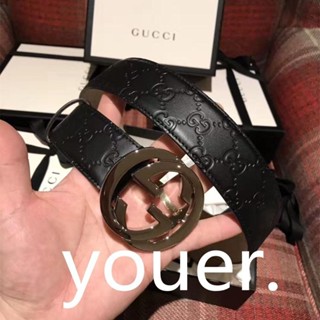 精品二手 GUCCI 古馳 411924 Signature logo牛皮 黑色壓紋 4cm腰帶 男士皮帶