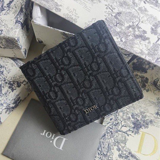 全新二手 DIOR 迪奧 Oblique 刺繡印花 8卡 男士短夾 錢包 錢夾 卡夾 黑色