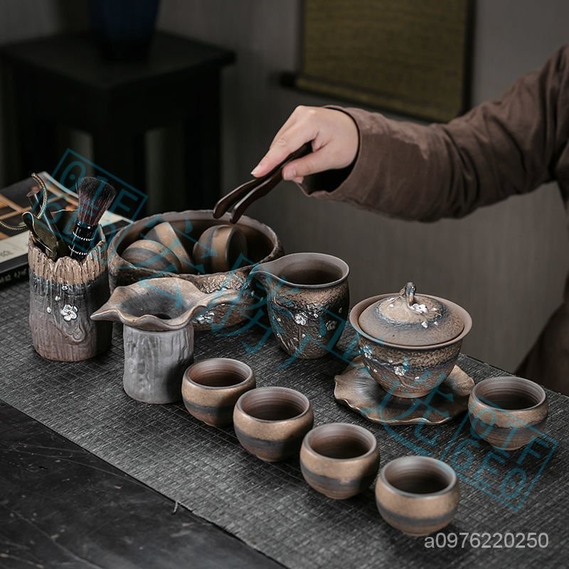 鎏金粗陶茶具套裝整套功夫茶具陶瓷複古傢用辦公室簡約蓋碗茶壺杯