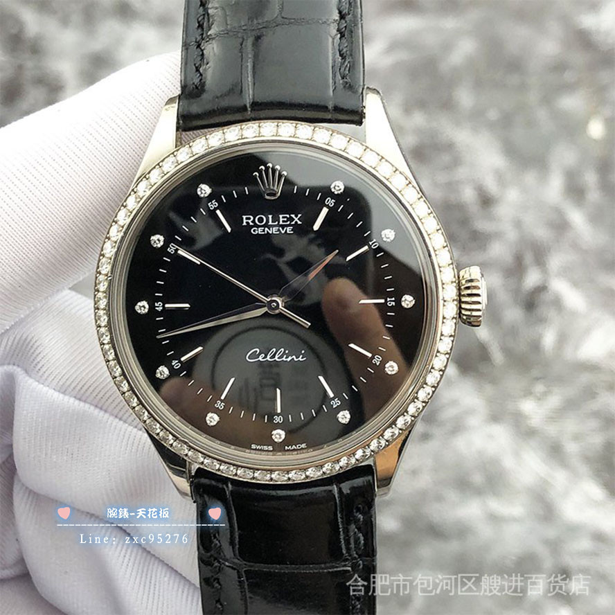 Rolex 勞力士切利尼18K白金原鑲鑽黑麵鑽石刻度機械男表M50709 潮流 時尚 休閒 商務 經典 手腕錶腕錶