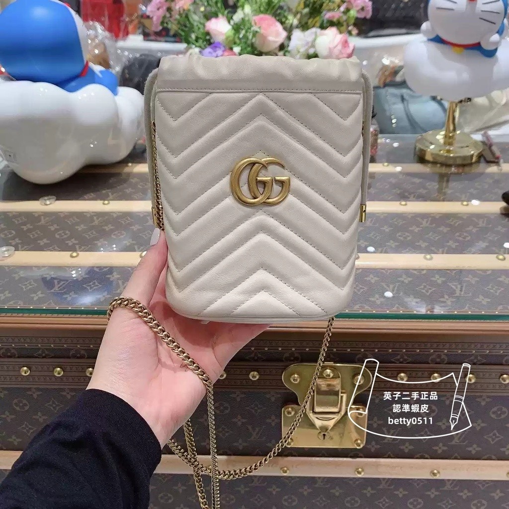 GUCCI 金標雙g水桶包 抽繩包 mini小水桶包 鏈條包 575163 斜挎包 古馳白色水桶包