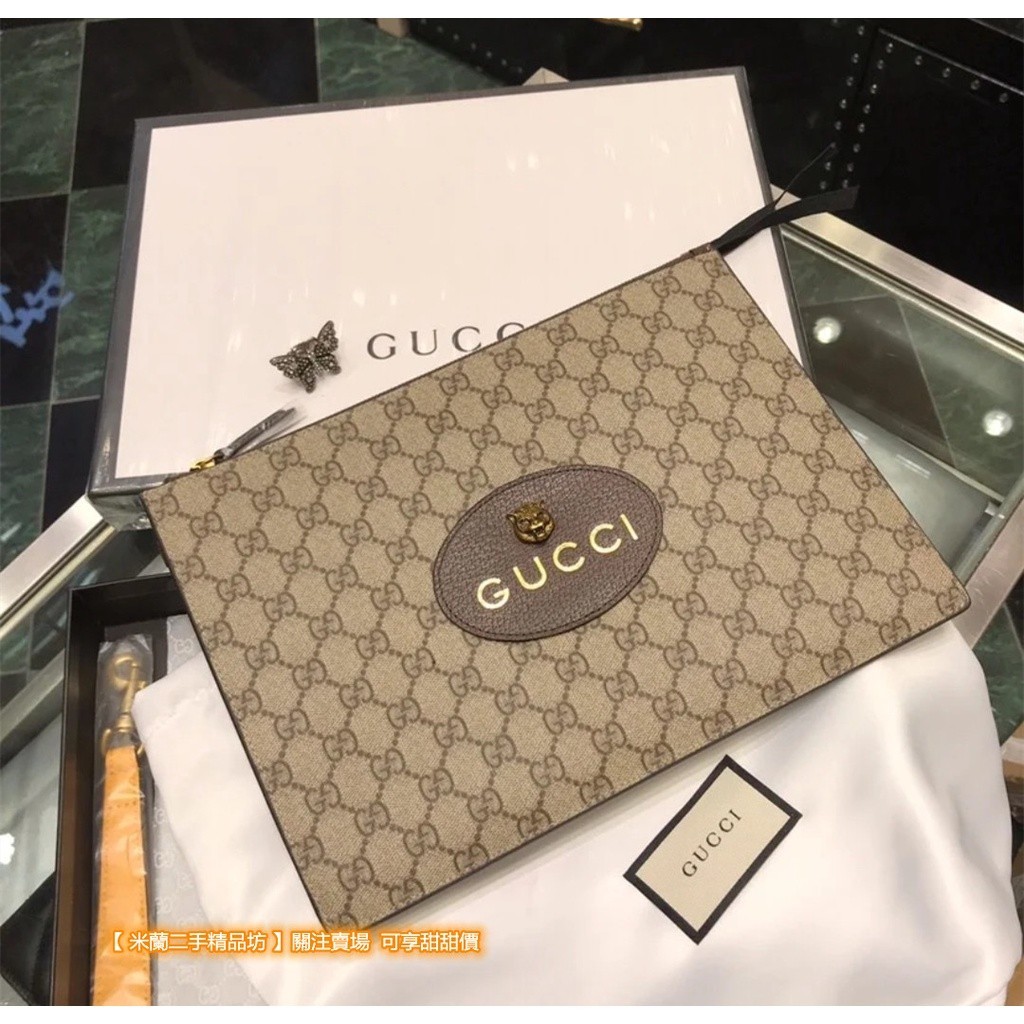 Gucci 古馳 經典老花 GG虎頭 手拿包 男款 烏木色 473956