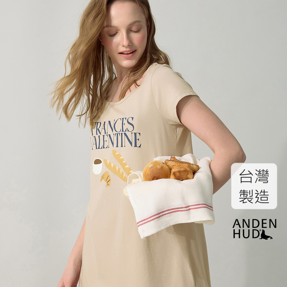 【Anden Hud】連身_療癒烘焙．涼感A-Line短袖睡衣(糖霜灰-法式早餐) 純棉台灣製