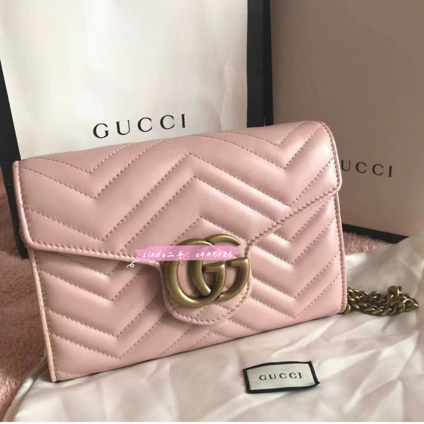 古馳 GUCCI GG Marmont WOC 474575 單肩包/斜背包/信封包/鏈條包 粉色 99新