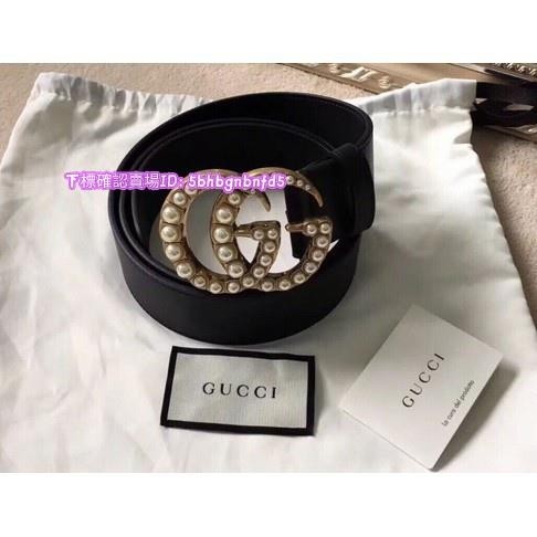 米娜正品 GUCCI 古馳 Double 雙G珍珠扣皮帶 4cm腰帶 453260 全新