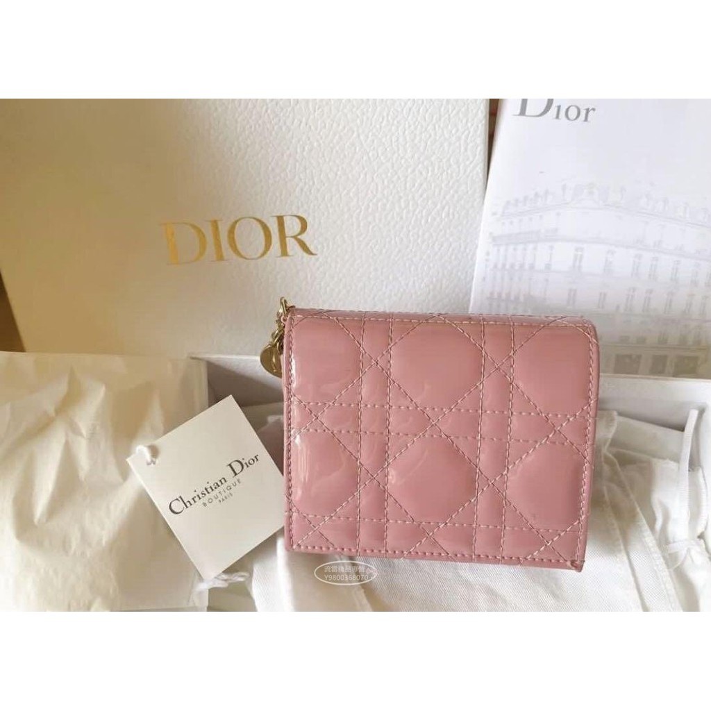 二手精品 Lady Dior 小牛皮藤格紋 漆皮粉色 迷你錢包 短款 短夾 錢夾 皮夾 拉鏈零錢包