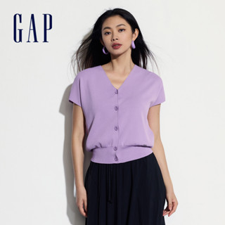 Gap 女裝 V領針織短袖外套-紫色(464904)