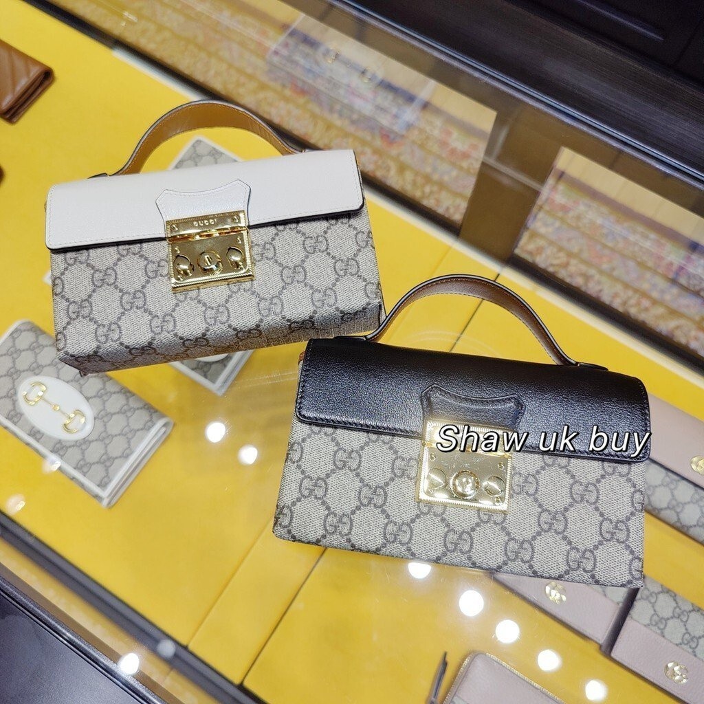 精品二手 Gucci 古馳 padlock 新款拼色 迷你手袋 腋下包 斜挎包 手提包 托特包 棕色白 65268