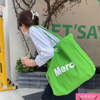 ✨快出✨韓國新款托特包 綠色帆布包 簡約字母學生休閒包包 大容量購物袋 百搭單肩包包