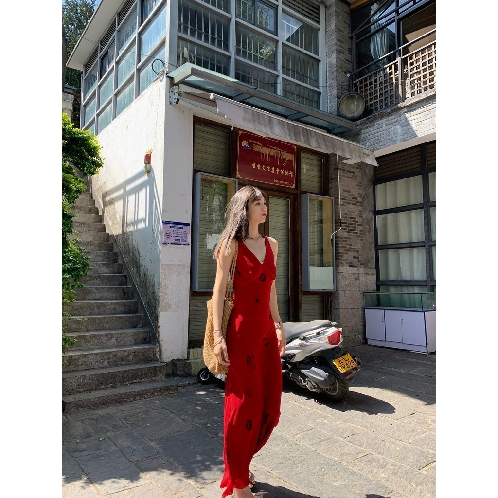 Roes~泰國度假風洋裝 Cactishopq南法假日連身裙 女夏季时尚长款V领红色连身裙 約會洋裝 氣質洋裝