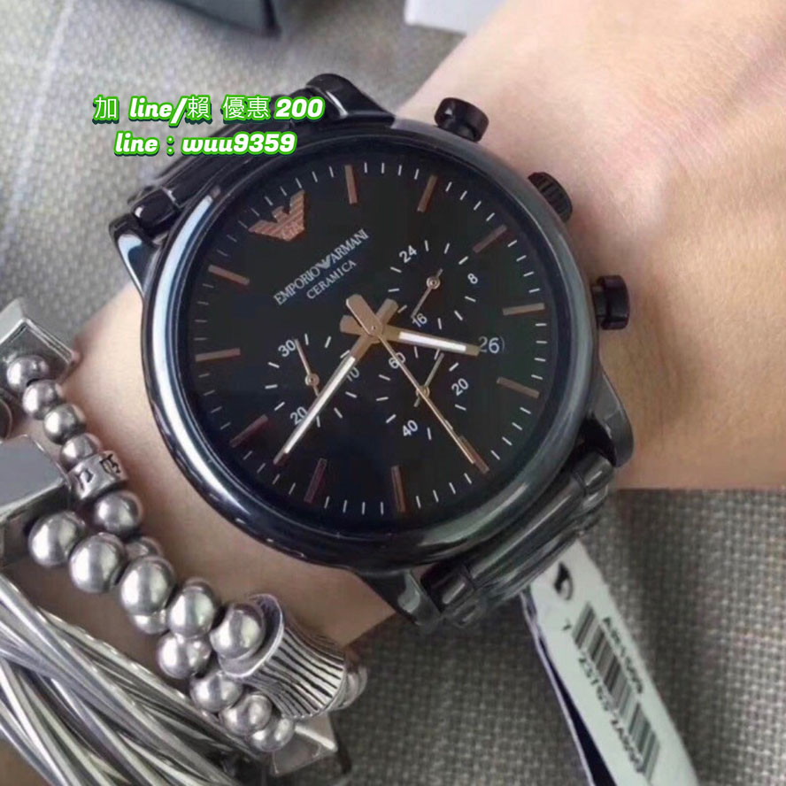 阿瑪尼手錶 Emporio Armani AR1509陶瓷三眼計時腕錶-黑x44mm