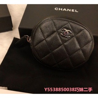 二手精品 CHANEL 香奈兒 黑色 荔枝 銀 雙C 圓形 零錢包 現貨