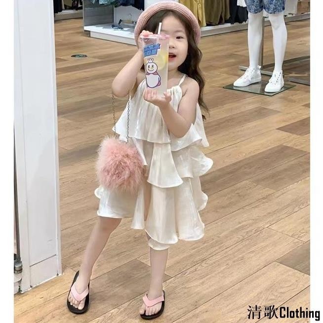 【童裝】兒童洋裝 女童2024夏季新款設計感甜美系荷葉邊蛋糕背心掛脖裙子