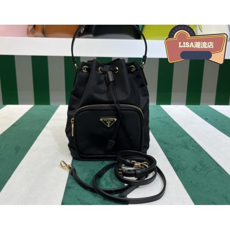 嚴選二手 普拉達 PRADA Shoulder Bag 黑色 尼龍 束口 兩用 小型 水桶包 1BH038 單肩包