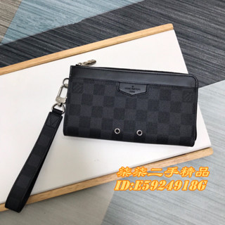 LV 路易威登 DRAGONNE黑灰棋盤格 信封式拉鏈錢包 長夾 手腕包 N60379