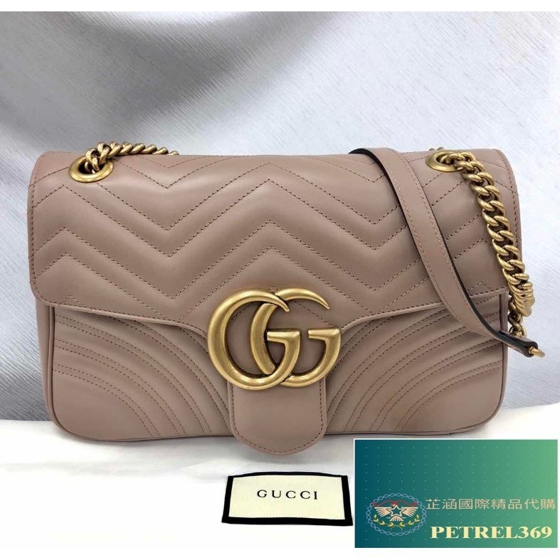 二手精品 Gucci 古馳 GG Marmont 大號 粉色 絎縫皮革 鏈條包 斜背包 單肩包 郵差包 443496