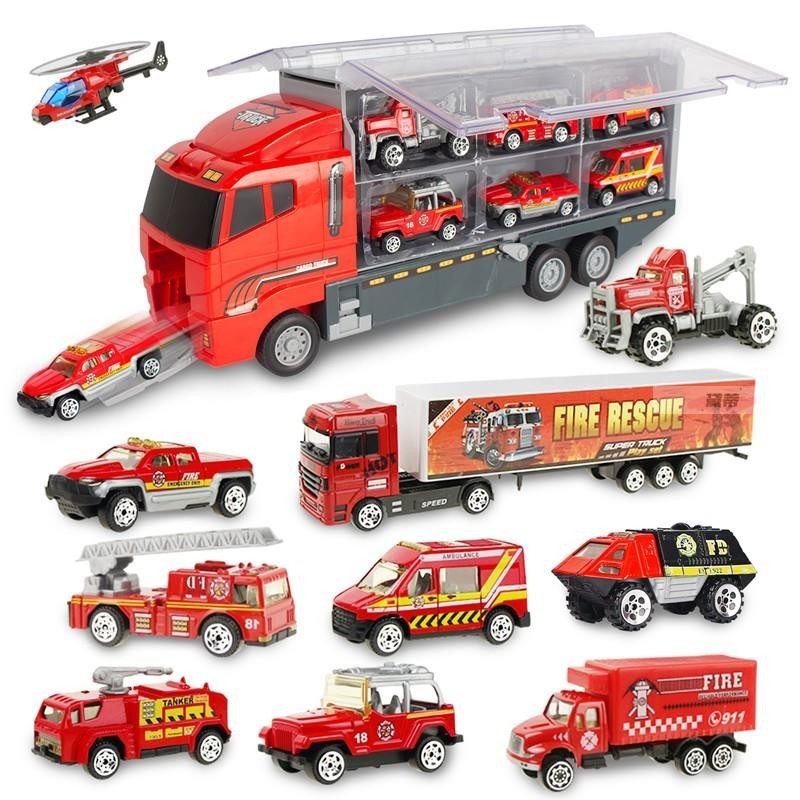 黛蒂·1：64合合金貨櫃車 1帶10套裝 消防車 直升飛機 寶寶益智早教玩具 10輛兒童迷你玩具車+1輛貨櫃車 男孩禮物