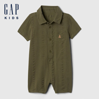 Gap 嬰兒裝 純棉小熊刺繡翻領短袖包屁衣/連身衣-墨綠色(402633)