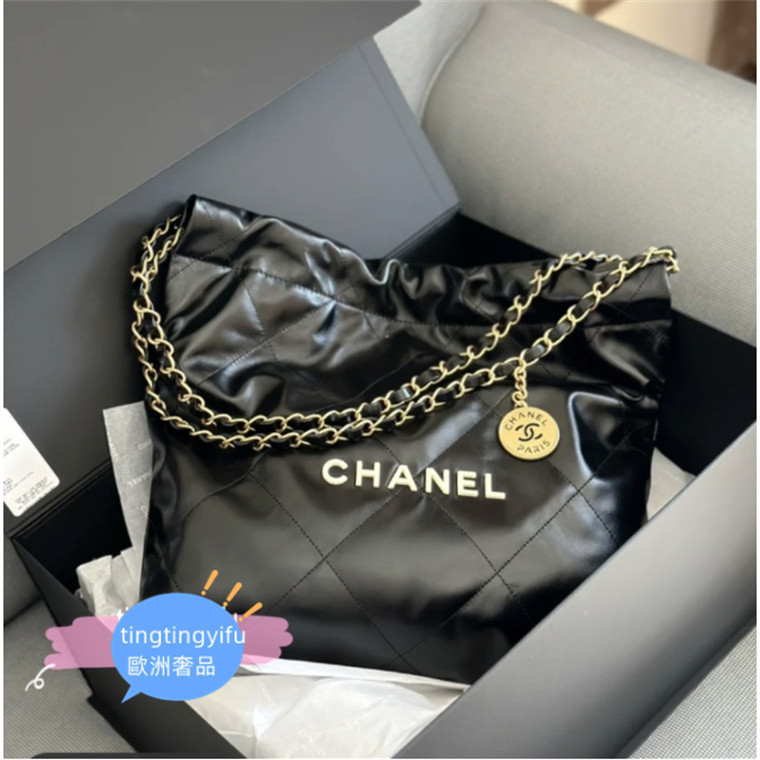 CHANEL 香奈兒 22SS 新款 AS3260 小號 黑色金字 小牛皮菱格 肩背包 垃圾袋包 羊皮手提袋