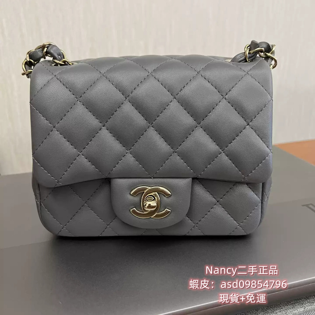 二手精品 CHANEL CF小羊皮金扣方胖子 鏈條包 斜挎包 A35200 香奈兒灰色方胖子 小方包