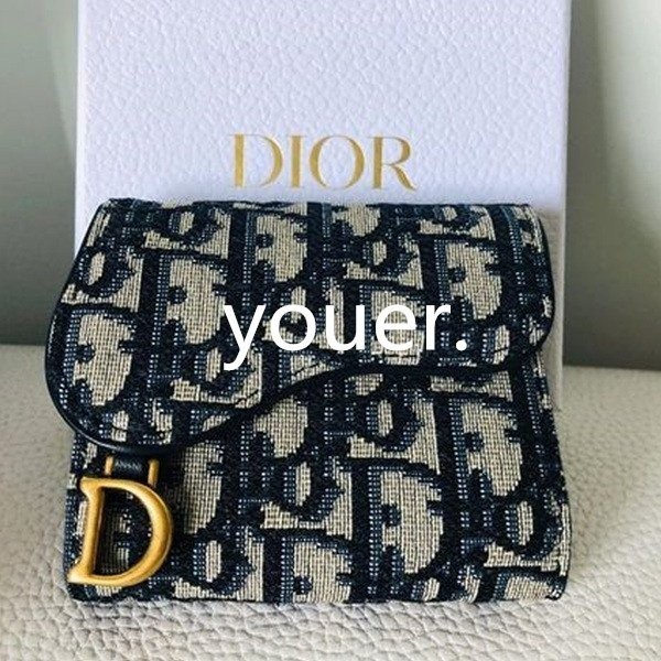 二手正品Dior 迪奧 SADDLE LOTUS錢包 帆布 金字D LOGO短款 三折 錢包 皮夾 短夾