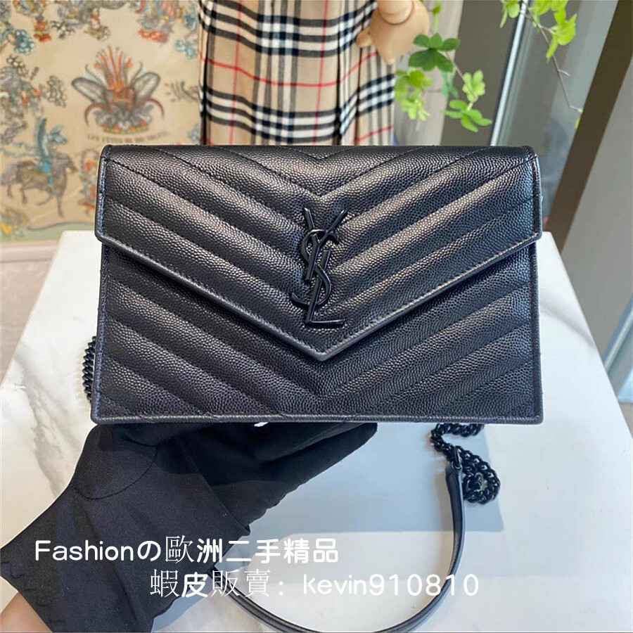 正品現貨 YSL 聖羅蘭Saint Laurent 黑色 荔枝皮 WOC黑鍊 393953女生鏈條包