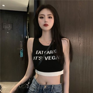 甜心公主Meet 👗女裝館黑白撞色字母無袖短款小心機針織背心女2023夏季新款內搭打底上衣
