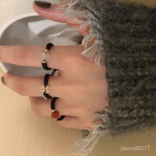 女生戒指 女士戒指 創意ins小紅書衕款戒指 相思~紅豆黑繩銅錢編織戒指女ins潮小眾設計情侶閨蜜尾戒中國風