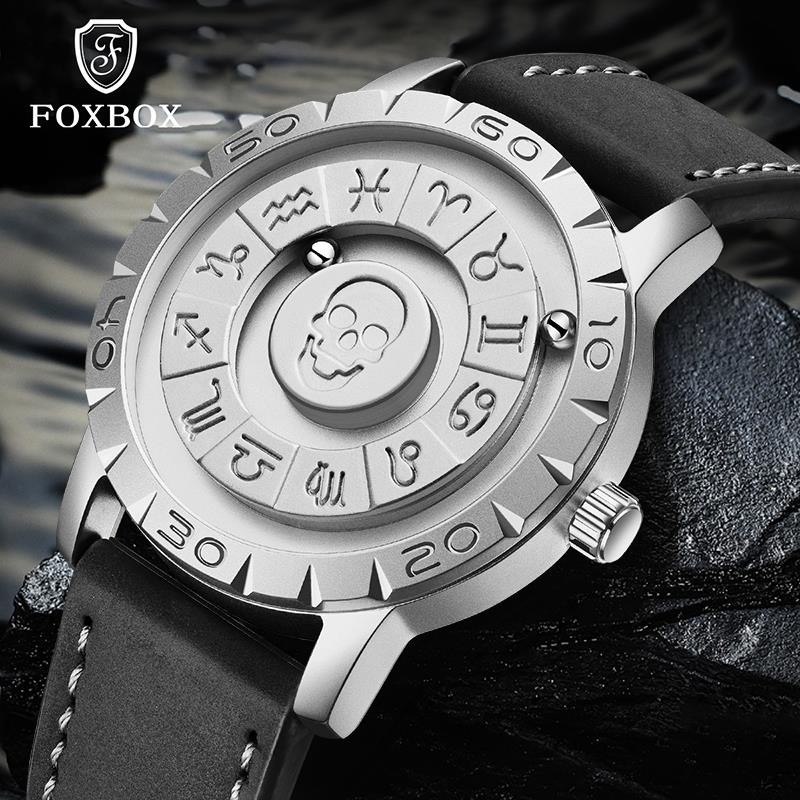 【台灣出貨】FOXBOX原創手錶男士新款時尚設計個性創意磁性滾珠石英皮革和不銹鋼防水休閒 LIGE 男士運動手錶