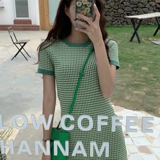 【carmar】2023春夏新款牛油果綠色小香風針織格子連衣裙女小個子法式茶歇裙