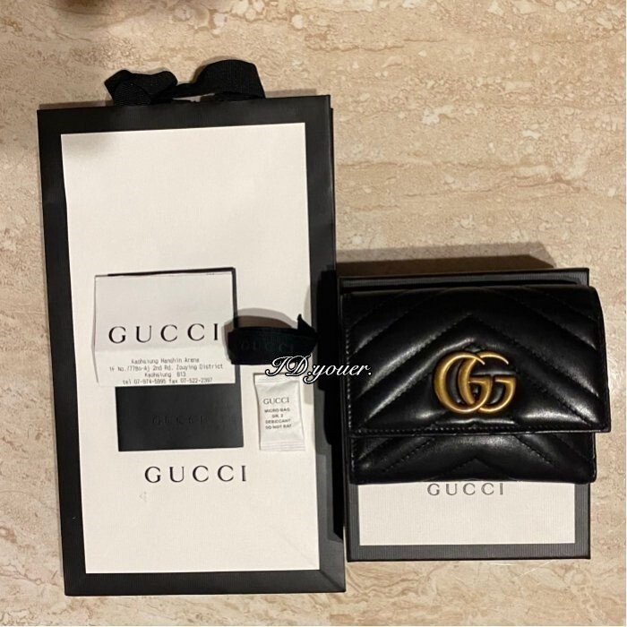 二手精品 Gucci GG Marmont Wallet 黑色斜紋縫線 真皮三折式短夾 卡夾 皮夾 474802