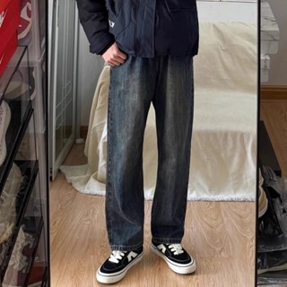 【時尚男裝】CGG美式高街vibe複古做舊藍色牛仔褲男潮牌寬鬆休閒直筒闊腿長褲