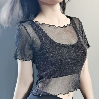 蕾絲打底衫 透明上衣女半截打底衫女短袖紗衣 夏季新款亮絲短款網紗白色t恤內搭上衣 長袖防曬T恤 女生上衣 疊穿