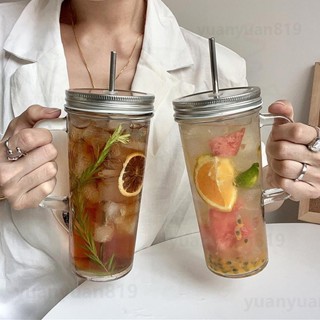 【簡約ins】美式ins風帶把梅森杯 帶蓋吸管杯 大容量玻璃杯 果汁杯 咖啡杯 牛奶杯 梅森玻璃水杯 公雞杯 酸梅湯杯