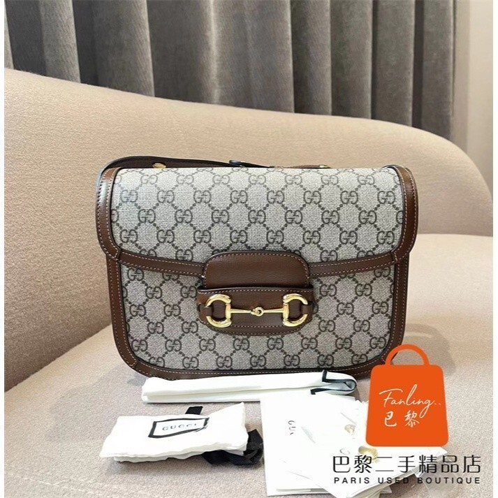 正品免運 GUCCI 古馳 馬銜扣 1955系列 GG印花帆布 棕色 馬鞍包/斜背包/單肩包/郵差包602204