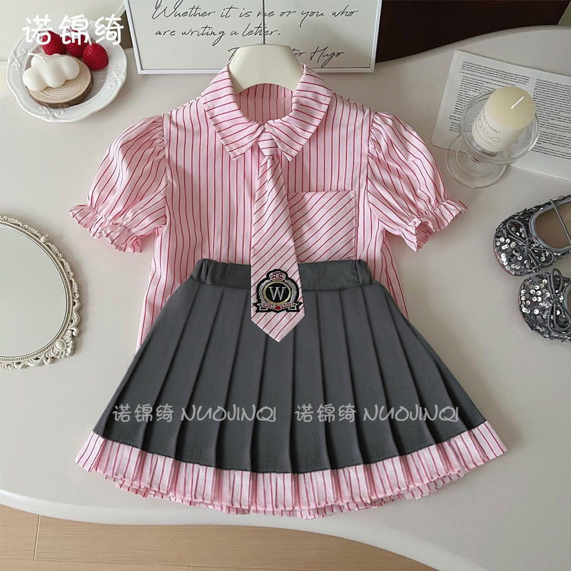 Yelly's~Shop女童學院風jk套裝2024新款夏季兒童裙子洋氣短袖襯衫百褶裙兩件套