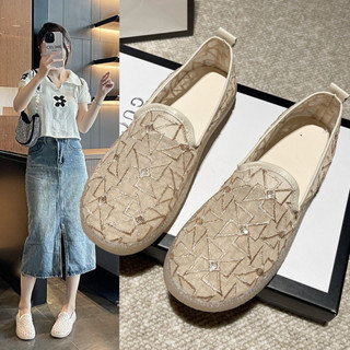 【GL SHOES】女鞋 豆豆鞋娃娃鞋 單鞋 一腳蹬平底鞋 一腳蹬網面透氣豆豆鞋女軟底2024年夏季休閑平底韓版繡花學生